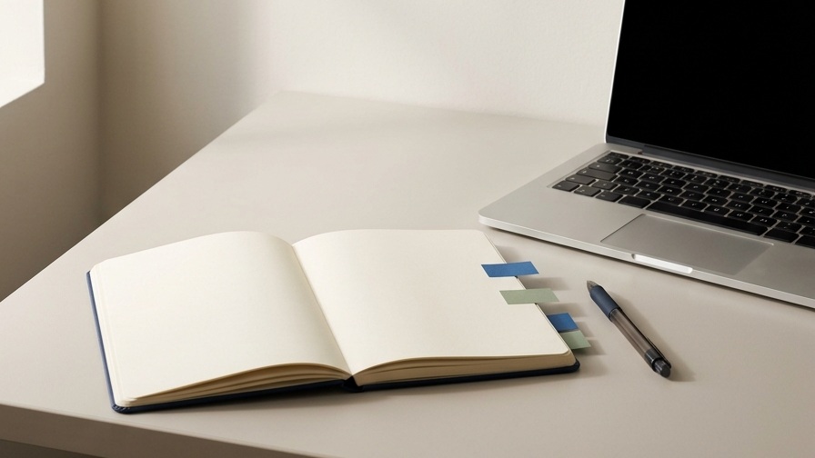 Blank notebook with page tabs, a pen and an open laptop with a dark screen on a desk, illustrating questions to prepare before discussing fees.